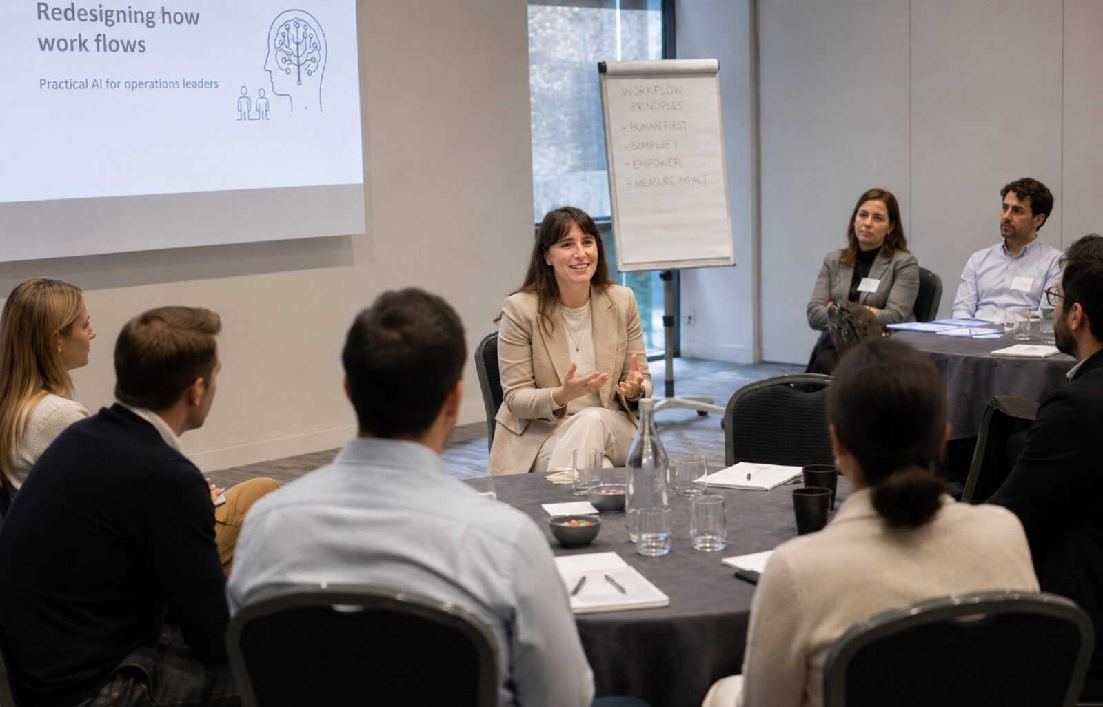 Eleonora leading a workshop on redesigning how work flows with a group of operations leaders